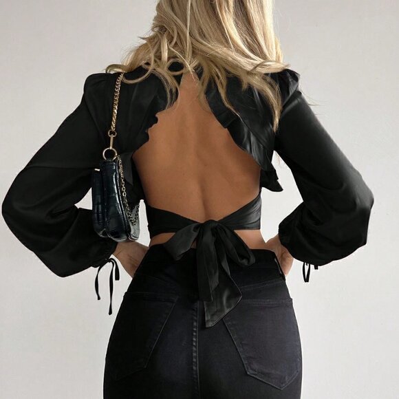 Black Sexy Women's Lantern Sleeve Backless Blouse - Picture 2 of 5